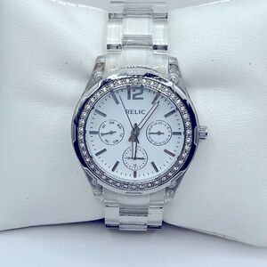 Working! Relic Rhinestone Bezel Clear Plastic Band Ladies Watch